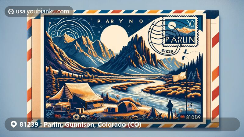 Modern illustration of Parlin, Colorado, showcasing postal theme with ZIP code 81239, capturing the natural beauty of the Rocky Mountains and outdoor activities like camping and hiking along the Gunnison River.