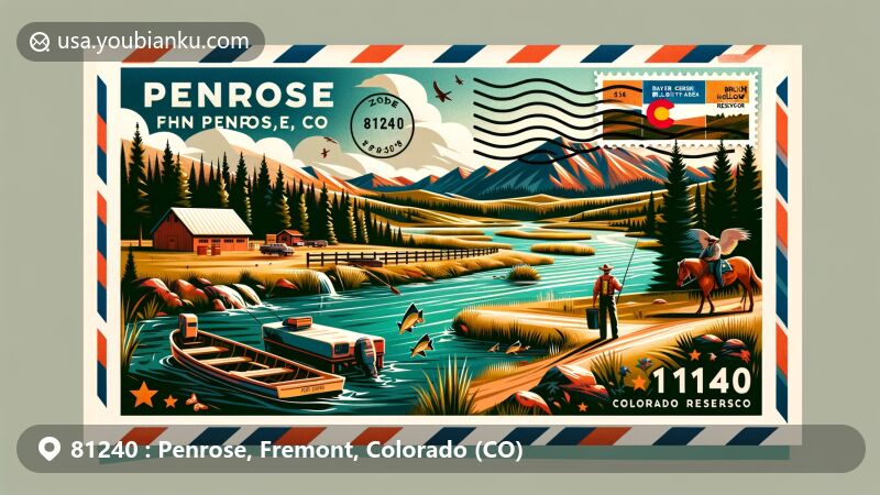 Vibrant illustration of Penrose, Fremont County, Colorado, featuring Beaver Creek State Wildlife Area and Brush Hollow Reservoir, emphasizing outdoor activities like fishing and hiking, set against diverse natural landscapes.