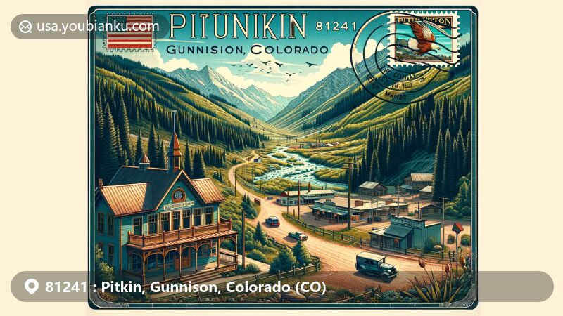 Vintage-style illustration of Pitkin, Gunnison, Colorado, highlighting historic mining heritage and natural beauty in Gunnison National Forest, with landmarks like Silver Plume General Store and Alpine Tunnel.
