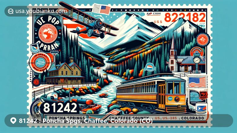 Colorful illustration of Poncha Springs, Chaffee County, Colorado, blending postal theme with regional characteristics, highlighting ZIP code 81242, featuring Monarch Pass scenic views and historical hot springs heritage.