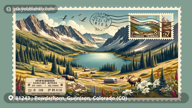 Scenic illustration of Powderhorn Wilderness, Powderhorn, Gunnison, Colorado, featuring natural beauty of Powderhorn Lakes against alpine tundra plateaus, adorned with wildflowers, aspen, spruce, and pine trees. Wildlife like elk and mule deer enrich the vibrant ecosystem.