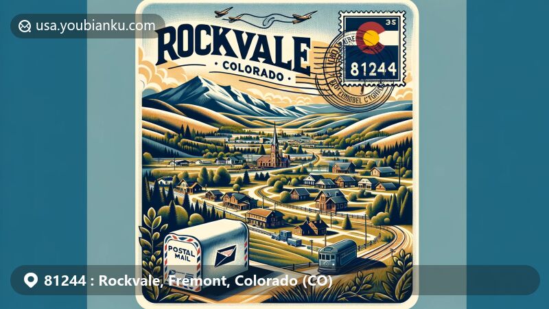 Modern illustration of Rockvale, Colorado, capturing the area's natural beauty and small-town charm, with a vintage postcard motif featuring ZIP code 81244 and elements symbolizing the state and locality.