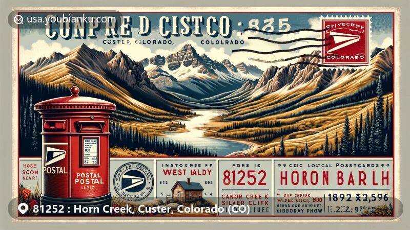 Modern illustration of Horn Creek, Custer County, Colorado, highlighting postal theme with ZIP code 81252, showcasing Sangre De Cristo Mountains and Little Baldy Mountain.