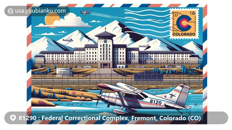 Modern illustration of the Federal Correctional Complex near Florence, Colorado, with postal theme and ZIP code 81290, featuring Colorado's natural landscape and architecture.