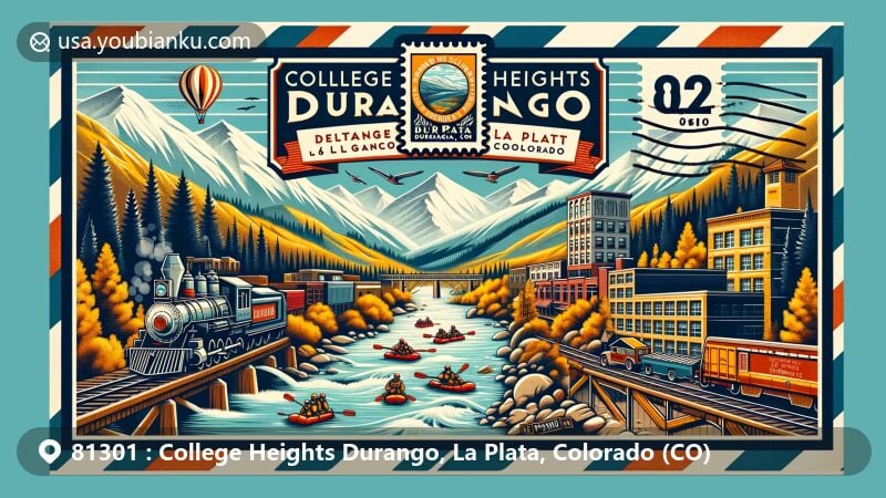 Modern illustration of Durango area, La Plata County, Colorado, highlighting ZIP code 81301, featuring Durango & Silverton Narrow Gauge Railroad, San Juan National Forest, river rafting on Animas River, and skiing at Purgatory Resort.