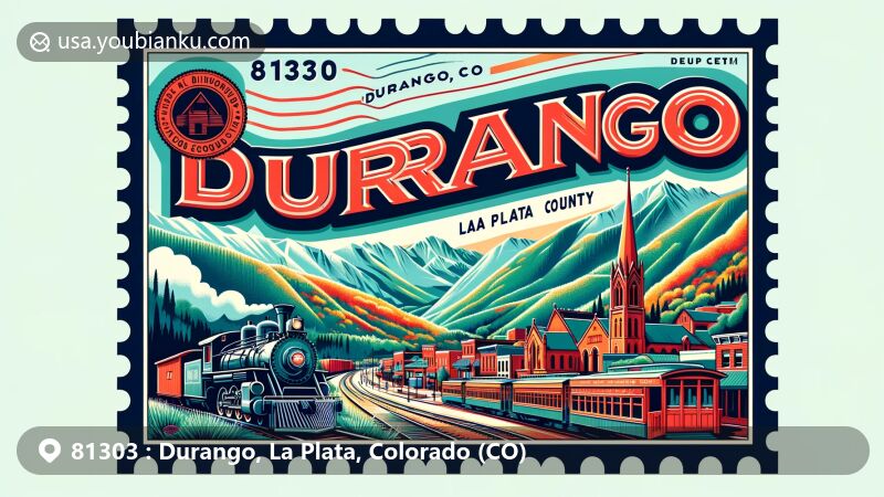 Dynamic illustration of Durango, La Plata County, Colorado, showcasing iconic elements like Durango & Silverton Narrow Gauge Railroad, Mesa Verde National Park, La Plata Mountains, and postal service, with vintage postal stamp frame and red mailbox.