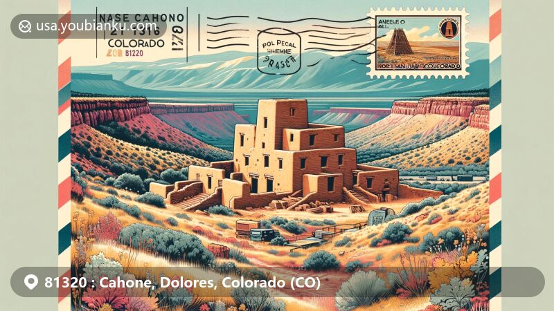 Modern illustration of Cahone, Colorado, emphasizing postal theme with ZIP code 81320, featuring Ansel Hall Ruin and local archaeological heritage.