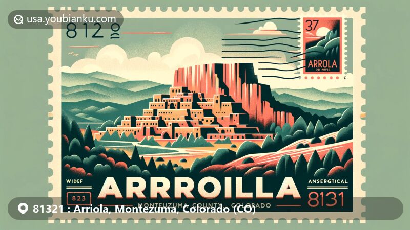 Modern illustration of Arriola, Montezuma County, Colorado, emphasizing ZIP code 81321, featuring Cliff Palace in Mesa Verde National Park and Colorado's mountains and forests, integrating postal elements for a creative and informative design.