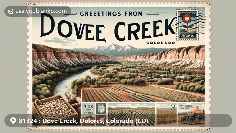 Modern illustration of Dove Creek, Colorado, showcasing postal theme with vintage postcard 'Greetings from Dove Creek, Colorado', Dolores River Canyon, Pinto Bean Capital, Ancestral Puebloan ruins, and Colorado state symbols.