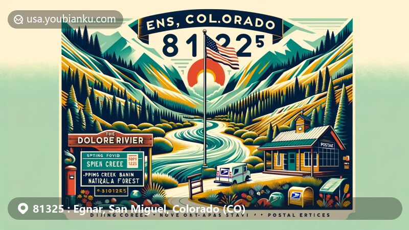Modern illustration of Egnar, San Miguel, Colorado, showcasing postal theme with ZIP code 81325, featuring Dolores River, Spring Creek Basin HMA, Uncompahgre National Forest, and Colorado state symbols.