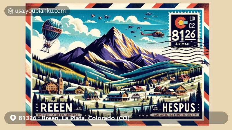 Modern illustration of Breen and Hesperus, La Plata County, Colorado, highlighting ZIP code 81326 with air mail envelope design and local attractions like Hesperus Mountain and ski area.