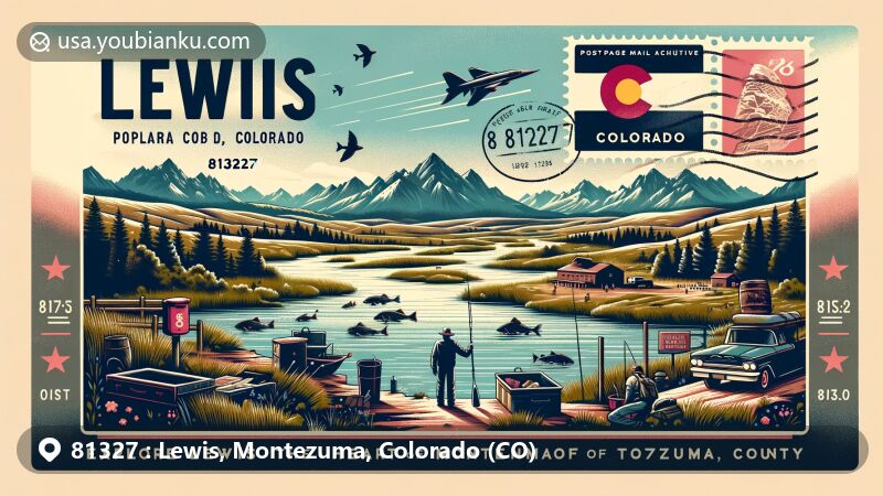Modern illustration of Lewis, Montezuma County, Colorado, highlighting ZIP code 81327, featuring community-oriented atmosphere, outdoor activities, Rocky Mountains backdrop, Colorado state symbols, and postal elements.