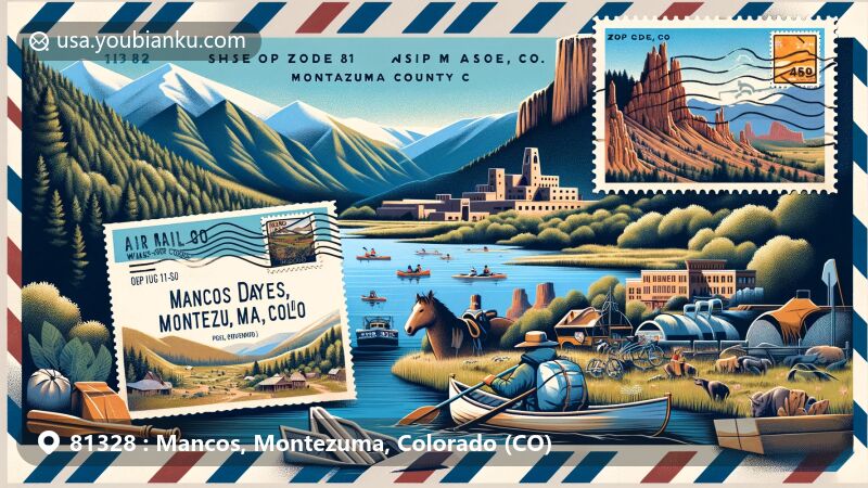 Modern illustration of Mancos, Montezuma County, Colorado, showcasing postal theme with ZIP code 81328, featuring Mesa Verde cliff dwellings, La Plata Mountains, Mancos State Park, snowshoeing, fishing, Mancos Days festival, farmers' markets, kayaking, horseback riding.