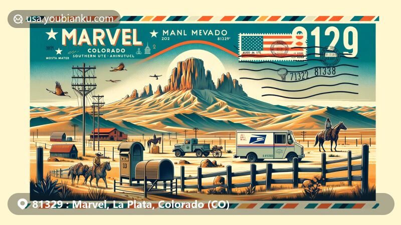 Contemporary illustration of Marvel, La Plata County, Colorado, highlighting postal theme with ZIP code 81329, showcasing arid landscape, La Plata mountains, ranching and agriculture symbols, and Colorado state flag.