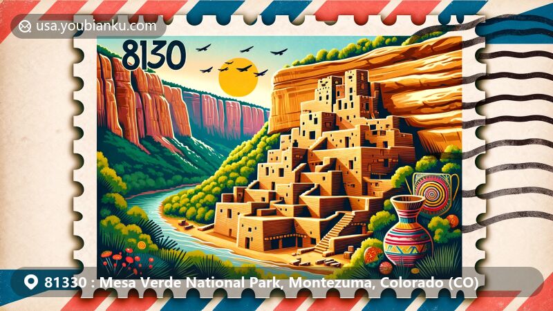 Modern illustration of Mesa Verde National Park, Montezuma County, Colorado, featuring iconic Cliff Palace and postal theme with ZIP code 81330.
