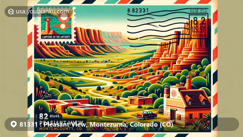 Modern illustration of Pleasant View, Montezuma County, Colorado, highlighting Canyons of the Ancients National Monument, Lowry Pueblo ruins with Great Kiva, San Juan National Forest, vintage postage stamp with Colorado state flag, postal stamp mark '81331 Pleasant View, CO,' and classic red mailbox.