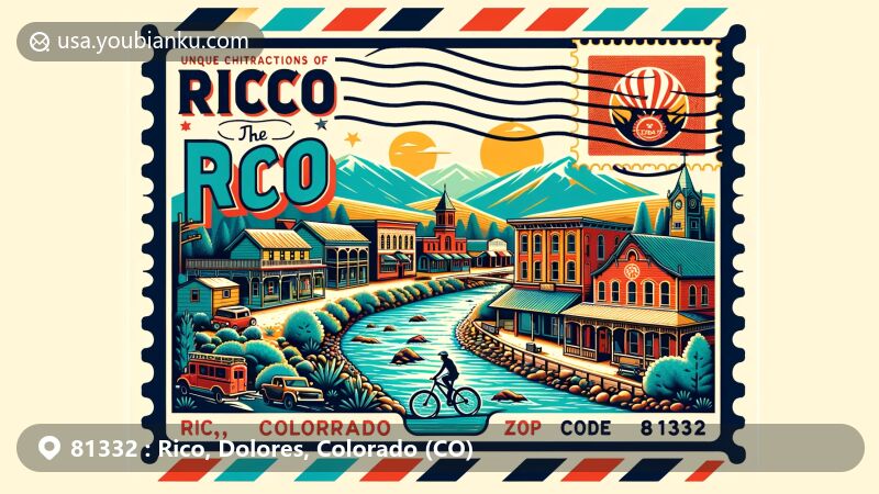 Creative illustration of Rico, Colorado, showcasing historic charm, outdoor recreation, Dolores River, and San Juan Skyway, with clever postal elements and ZIP Code 81332.
