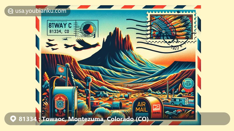 Modern illustration of Towaoc area in Colorado, highlighting postal theme with ZIP code 81334, featuring Sleeping Ute Mountain and Ute Mountain Ute Tribal Park.