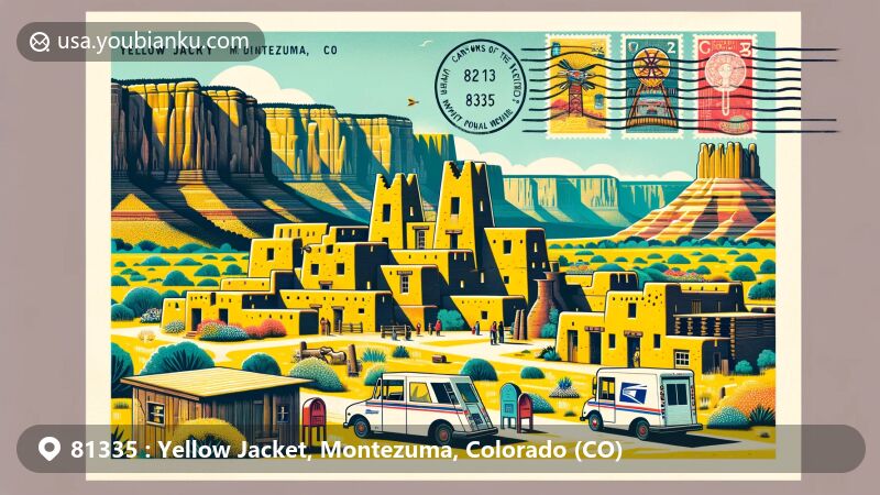Modern illustration of Yellow Jacket, Montezuma, Colorado (CO), showcasing regional and postal theme with Yellow Jacket Pueblo ruins, Canyons of the Ancients National Monument, postal symbols, and vintage postal elements.