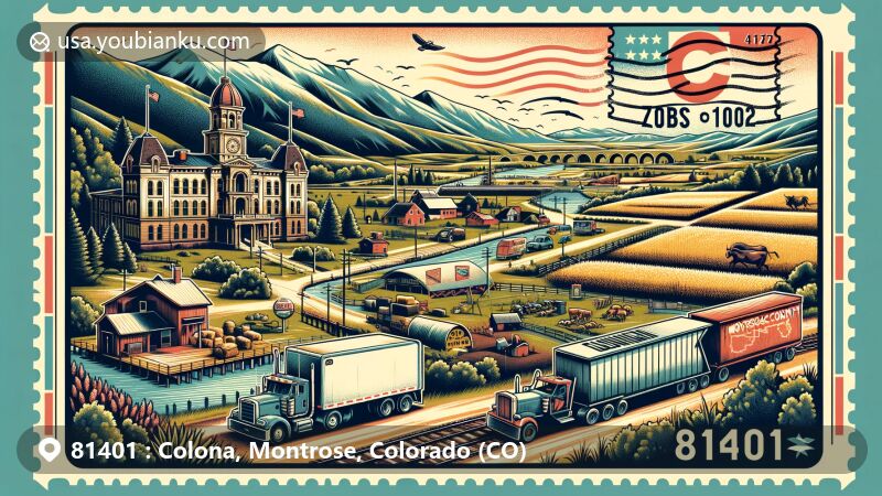 Modern illustration of ZIP code 81401 area in Colorado, showcasing scenic beauty of the Uncompahgre Valley, agricultural significance of Gunnison Tunnel, historical richness, Montrose County Courthouse, Colona's community charm, and postal elements.
