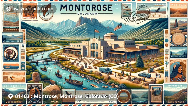 Modern illustration of Montrose, Montrose County, Colorado, highlighting Ute Indian Museum, Uncompahgre Valley, Uncompahgre River, and San Juan Mountains, with postal theme featuring ZIP code 81403.