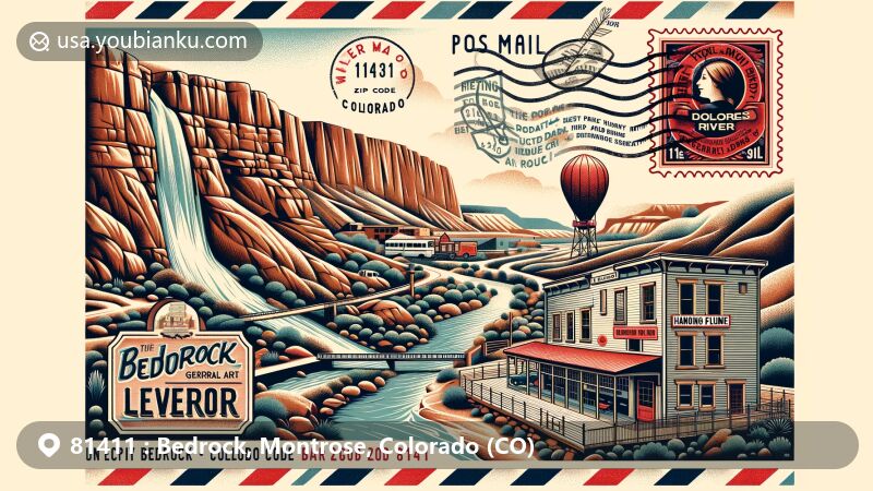 Modern illustration of Bedrock, Colorado, area with ZIP code 81411, featuring Paradox Valley, Dolores River, and historic general store from 'Thelma & Louise'. Design inspired by wide-format postcard, incorporating natural beauty and cultural landmarks.
