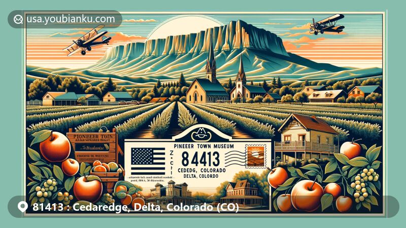Modern illustration of Cedaredge, Delta, Colorado, highlighting agricultural and postal themes with symbolic representations of apples, peaches, vineyards, and ZIP code 81413, set against a backdrop of scenic landscapes and the southern slopes of Grand Mesa.