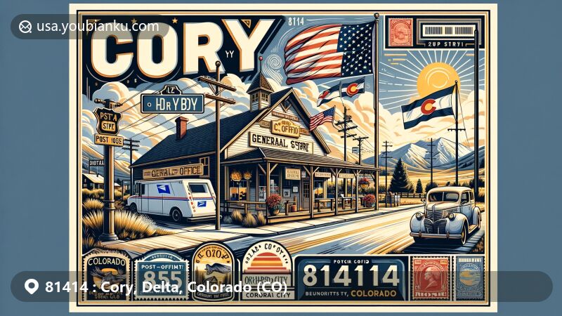 Modern illustration of Cory, Colorado, showcasing the general store and post office on Highway 65, emphasizing its historical significance in a small unincorporated community at the boundaries of Orchard City in Delta County. Includes elements of the post office's founding in 1895, the Colorado state flag, and Delta County's landscape.