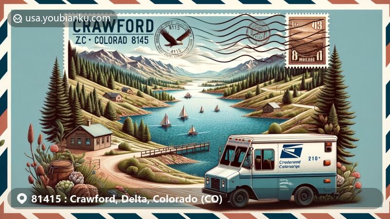 Modern illustration of Crawford, Delta County, Colorado, highlighting ZIP code 81415 and Crawford State Park, blending natural landscapes and postal theme.