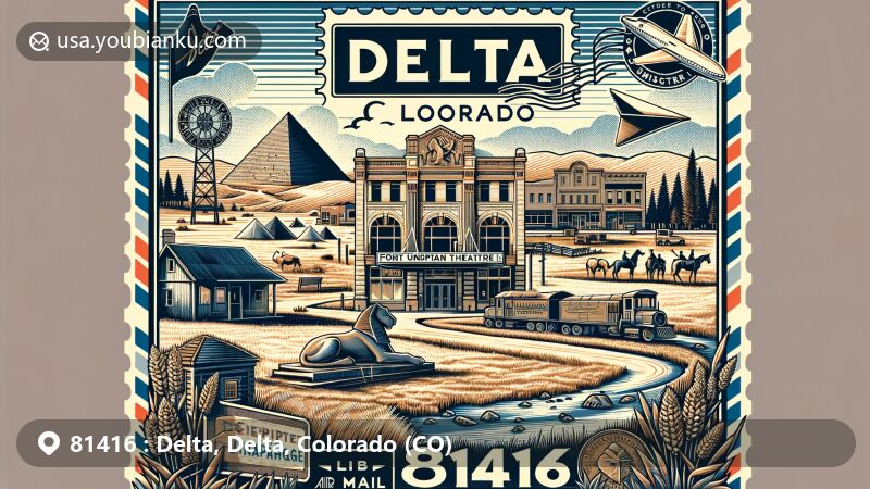 Modern illustration of Delta, Colorado, emphasizing ZIP code 81416, showcasing landmarks like Egyptian Theatre, Fort Uncompahgre, and the confluence of Gunnison and Uncompahgre Rivers.