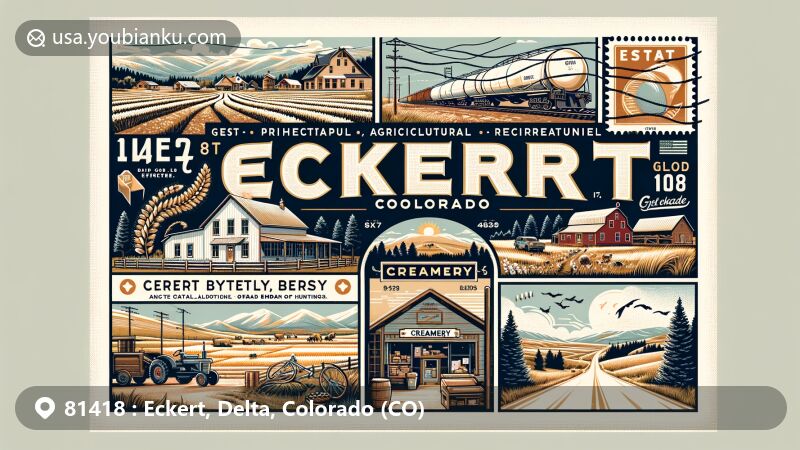 Modern illustration of Eckert, Colorado, showcasing Grand Mesa, farmland, and Creamery antique country store, integrating postal elements like stamps, envelopes, and scenic road to Grand Mesa for an inviting exploration. Balancing natural beauty with community charm in a visually captivating and creative way to capture Eckert's essence.