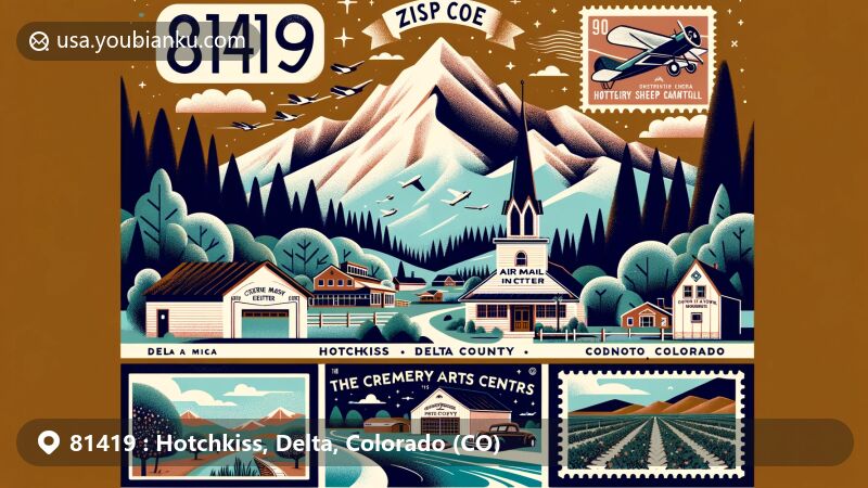 Modern illustration of Hotchkiss, Delta County, Colorado, showcasing postal theme with ZIP code 81419, featuring Mt. Lamborn and Creamery Arts Center.