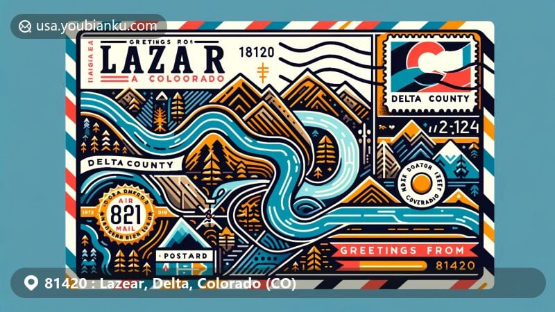 Modern illustration of Lazear, Delta County, Colorado, showcasing postal theme with ZIP code 81420, featuring North Fork Gunnison River and Colorado state symbols.