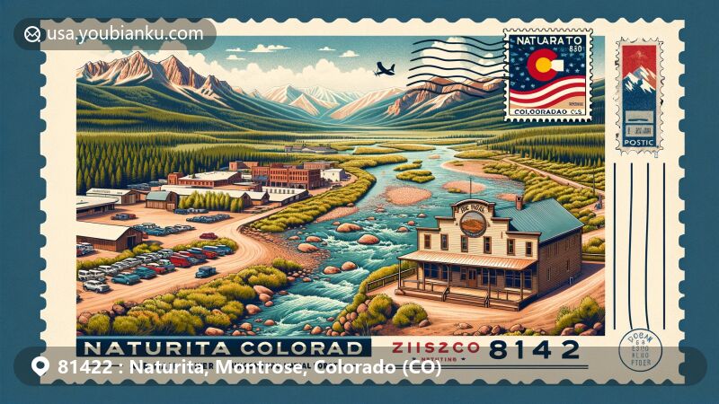 Modern illustration of Naturita, Montrose County, Colorado, combining scenic views of Dolores River and Uncompahgre National Forest with historic Bedrock Store, showcasing regional beauty and cultural landmarks.