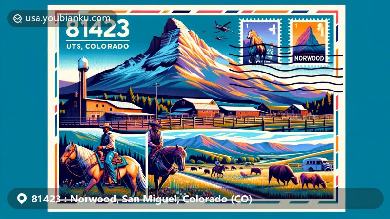 Modern illustration of Norwood, San Miguel County, Colorado, highlighting Lone Cone Peak and ZIP code 81423, featuring equestrian and agricultural elements against the backdrop of Colorado high country.