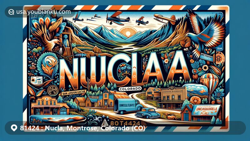Modern illustration of Nucla, Colorado (CO) postal code 81424, featuring San Juan Mountains, La Sal Mountains, Uncompahgre Plateau, Tabeguache and Cottonwood Caves, cattle, horses, vintage stamps, postmark, and airmail border decoration.
