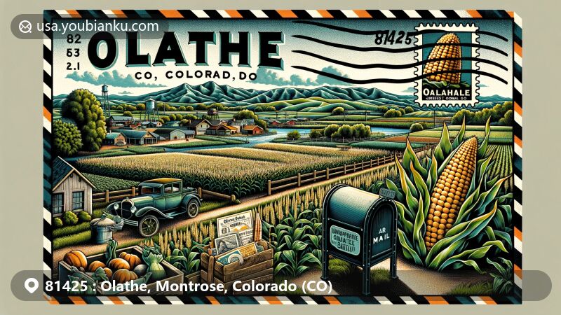 Modern illustration of Olathe, Montrose County, Colorado, situated in the Uncompahgre Valley on the western slope, featuring Olathe Sweet Corn fame, Uncompahgre River, fertile mesa lands, Grand Mesa, San Juan Mountain Range, corn fields, fruit orchards, vintage air mail envelope, postage stamp of Olathe Sweet Corn Festival, postal mark 'Olathe, CO 81425', and antique mailbox.
