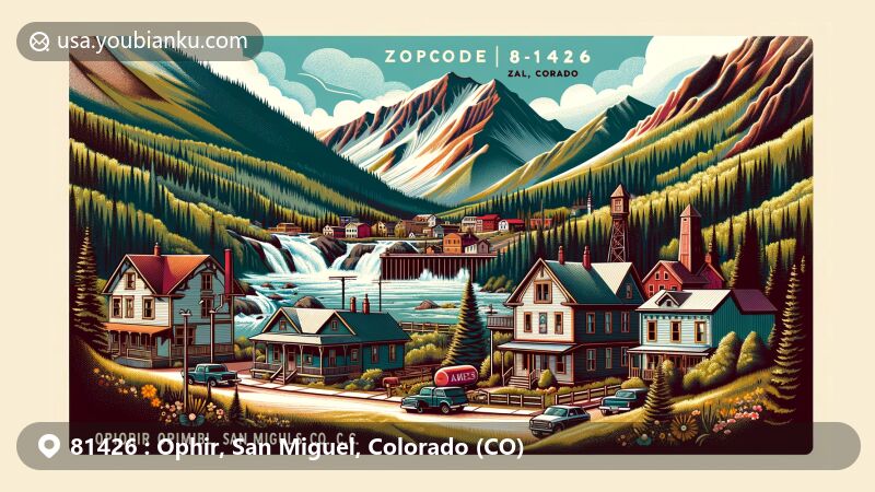 Modern illustration of Ophir, San Miguel, Colorado, showcasing mountain town in San Juan Mountains with historic mining site, Ames Hydroelectric Generating Plant, and lush forests.