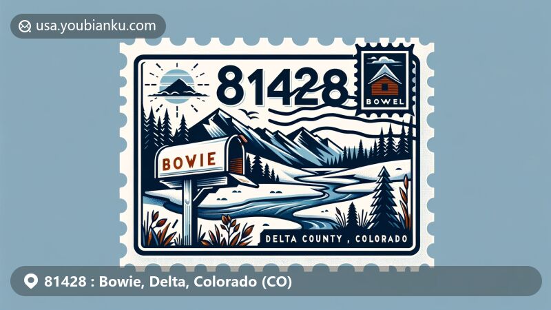Modern illustration of Bowie, Delta County, Colorado, highlighting ZIP code 81428 with mountains, river, trees, and a mailbox, showcasing the natural beauty and postal theme.