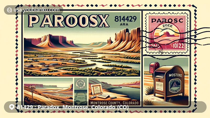 Vintage illustration of Paradox Valley, Montrose County, Colorado, with ZIP code 81429, showcasing Dolores River, mesas, and traditional mailbox.