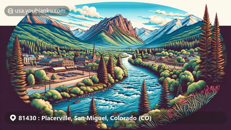 Modern illustration of Placerville, San Miguel, Colorado, displaying scenic view on the San Miguel River, surrounded by Uncompaghre and San Juan National Forests.