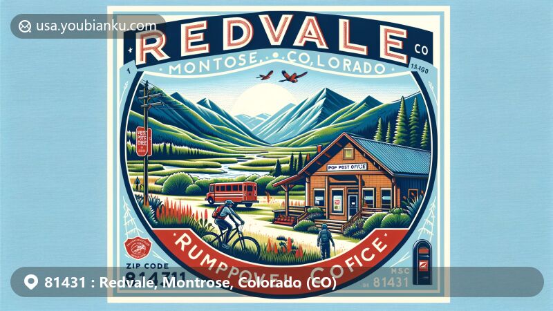 Modern illustration of Redvale, Montrose, Colorado (CO), featuring scenic landscape with mountains, Redvale Post Office, ZIP Code 81431, outdoor activities, Uncompaghre National Forest, and San Miguel River.