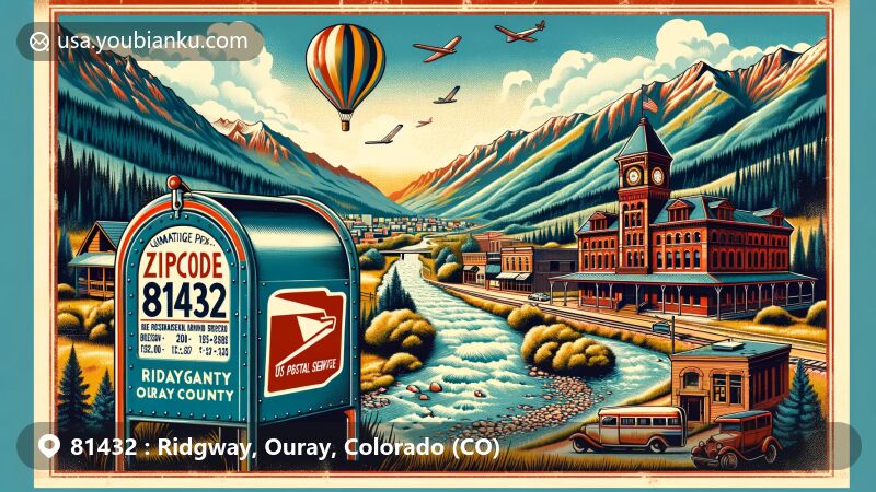 Colorful illustration of Ridgway, Ouray County, Colorado, representing the postal theme with ZIP code 81432, featuring majestic mountains, historic buildings, and local flora.
