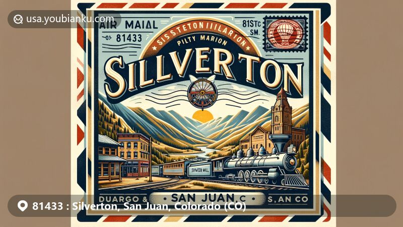 Modern illustration of Silverton, San Juan County, Colorado, featuring postal theme with ZIP code 81433, showcasing Durango & Silverton Narrow Gauge Railroad, Mayflower Mill, and Animas Forks Ghost Town.