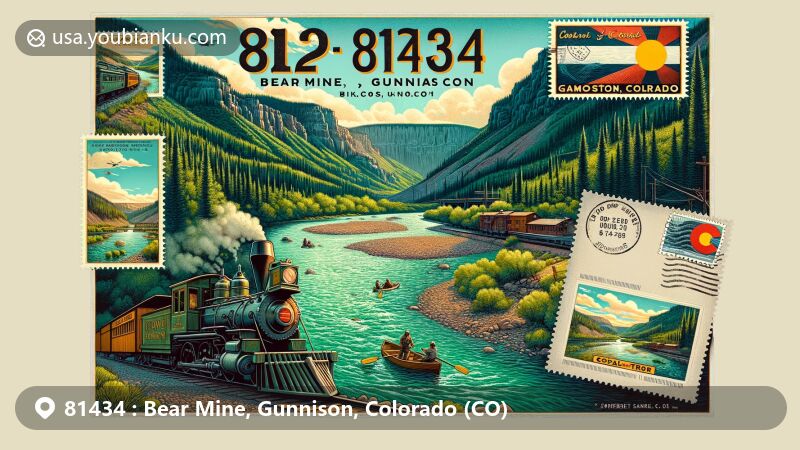 Modern illustration of Bear Mine, Gunnison, Colorado, highlighting scenic Gunnison River, outdoor activities like fishing, kayaking, and rafting, and local coal mining heritage. Includes Black Canyon of the Gunnison National Park's canyons and forests, vintage postcard with Colorado state flag stamp, and ZIP code 81434.
