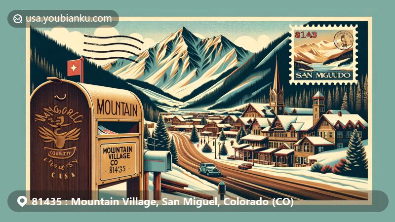 Vintage postcard style illustration of Mountain Village, San Miguel County, Colorado, USA, featuring Telluride Ski Resort and iconic ZIP code 81435.
