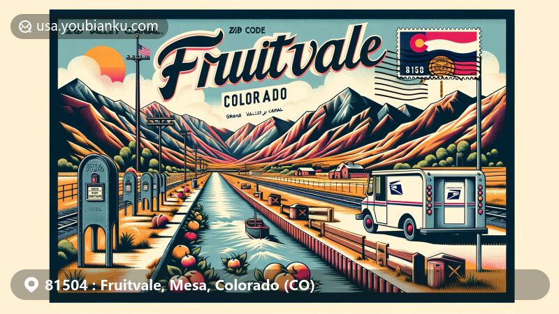 Modern illustration of Fruitvale, Mesa County, Colorado, featuring the Grand Valley Canal and Rocky Mountains, with Colorado state flag, postal symbols, and vintage mail elements, showcasing ZIP code 81504.