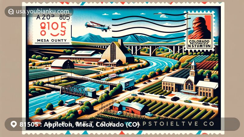 Modern illustration of Appleton, Mesa County, Colorado, with ZIP code 81505, featuring Colorado National Monument Visitor Center Complex, Colorado River Bridge, and local agriculture.