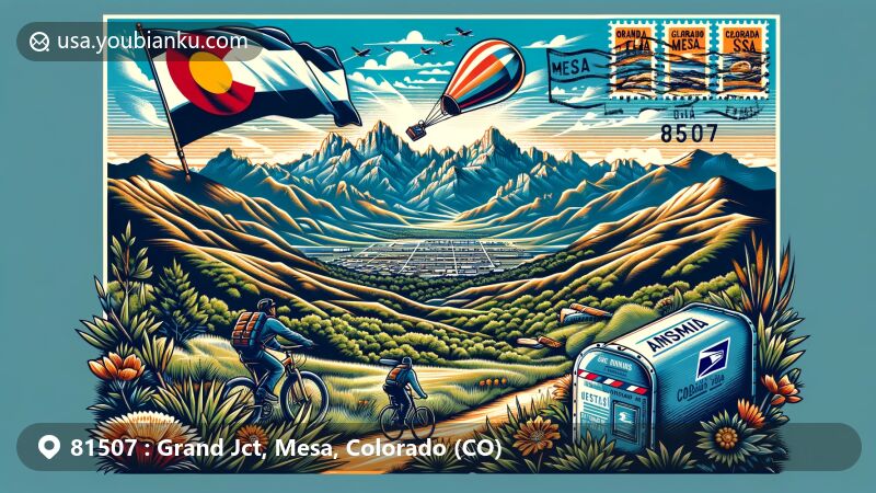 Modern illustration of Grand Junction, Mesa, Colorado, featuring rugged mountains, outdoor activities, and the Colorado state flag, integrated with a postal theme showcasing ZIP code 81507.