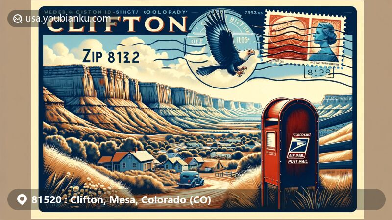 Modern illustration of Clifton, Colorado, showcasing postal theme with ZIP code 81520, featuring Grand Mesa, Colorado National Monument, vintage-style stamp, and post office mailbox.